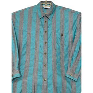 VTG Together! Missy L Striped Button-Up Shirt With Turquoise Gray Stripes Pocket